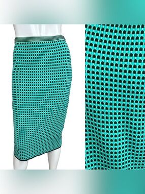 Diane Von Furstenberg Teal Black & Green Printed Knit Pencil Skirt Size P